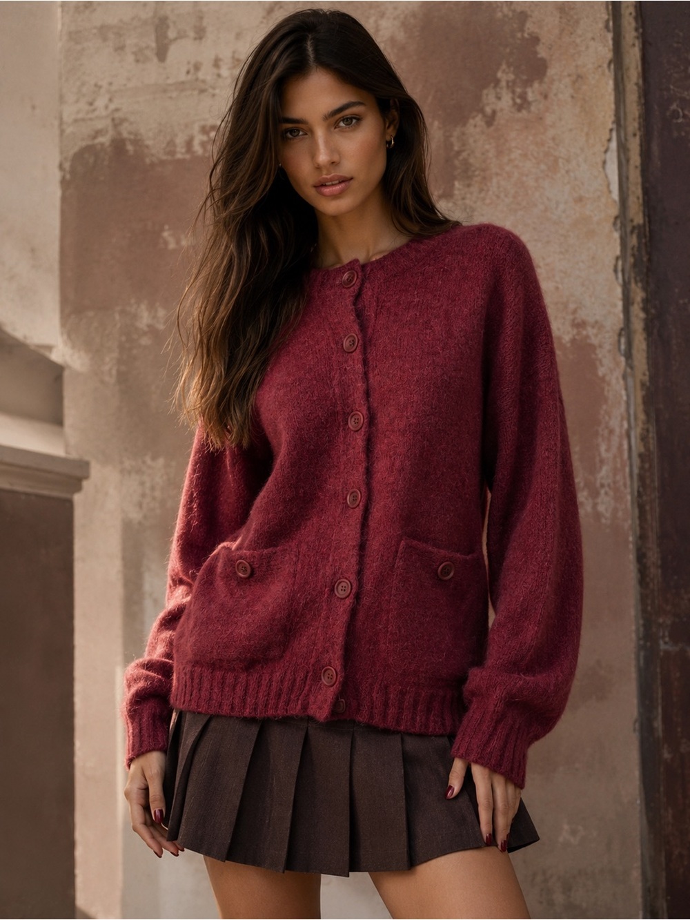 Nation LTD NWOT Alpaca Button Front Tessa Cardigan in Berry Burgundy, Size S